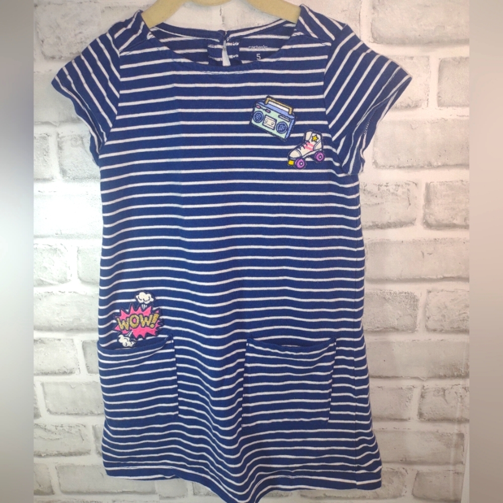 Sz. 5Striped Blue and White Dress with Fun Patches
